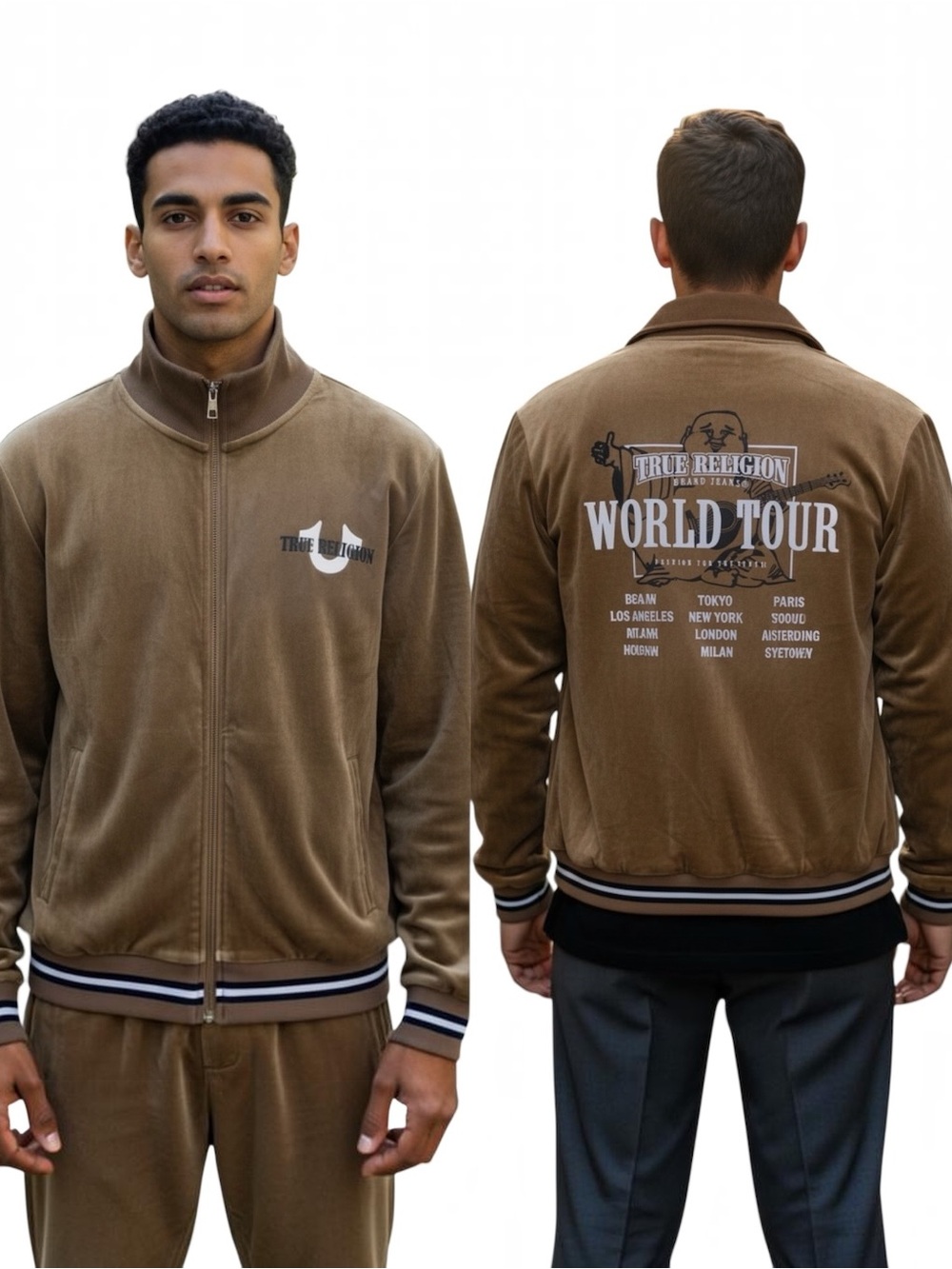 TRUE RELIGION Velour Tour Track Jacket World Tour Travertine Sz M
